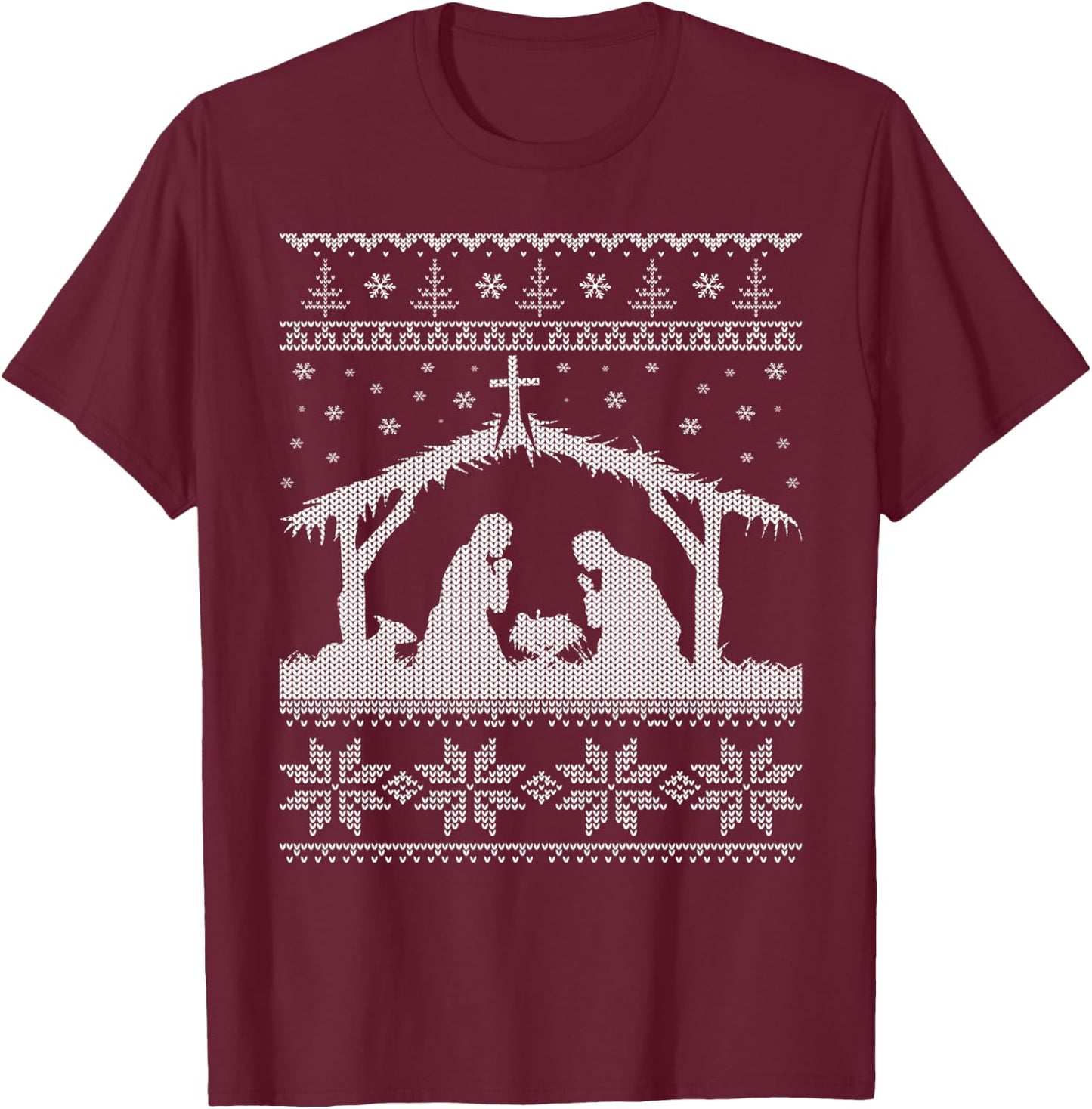 Nativity Scene Ugly Christmas Sweater Design T-Shirt - T-Shirt | Maroon