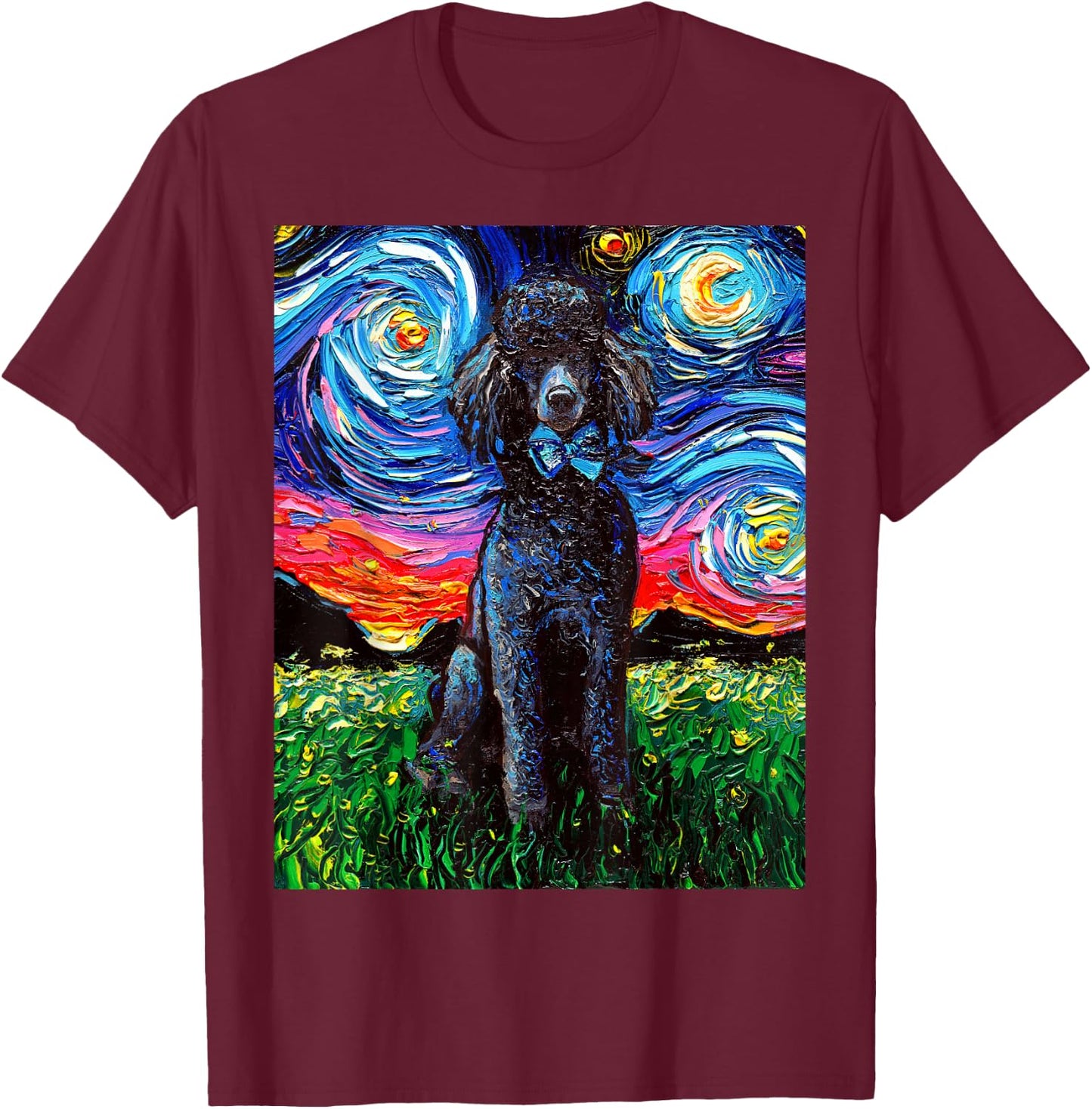 Black Standard Poodle Starry Night Dog Lover Animal Artwork T-Shirt - T-Shirt | Maroon