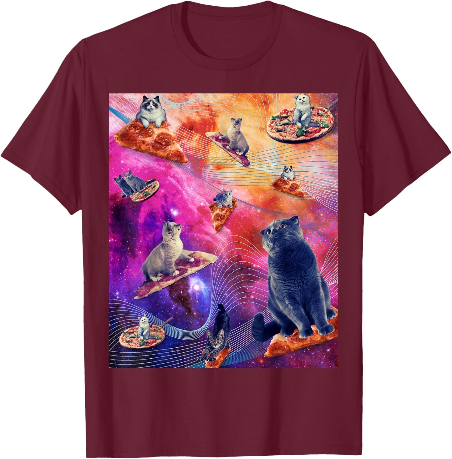 Galaxy Space Pizza Cat - Cat In Space Eating Pizza Men Women T-Shirt - T-Shirt | Maroon