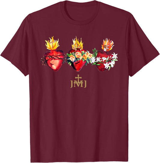 Three Sacred Hearts of Jesus Mary Joseph JMJ Catholic T-Shirt - T-Shirt | Maroon
