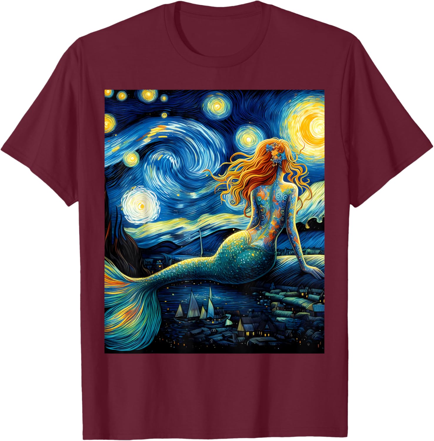 Mermaid Under Starry Night Sky Art Graphic Christmas T-Shirt - T-Shirt | Maroon
