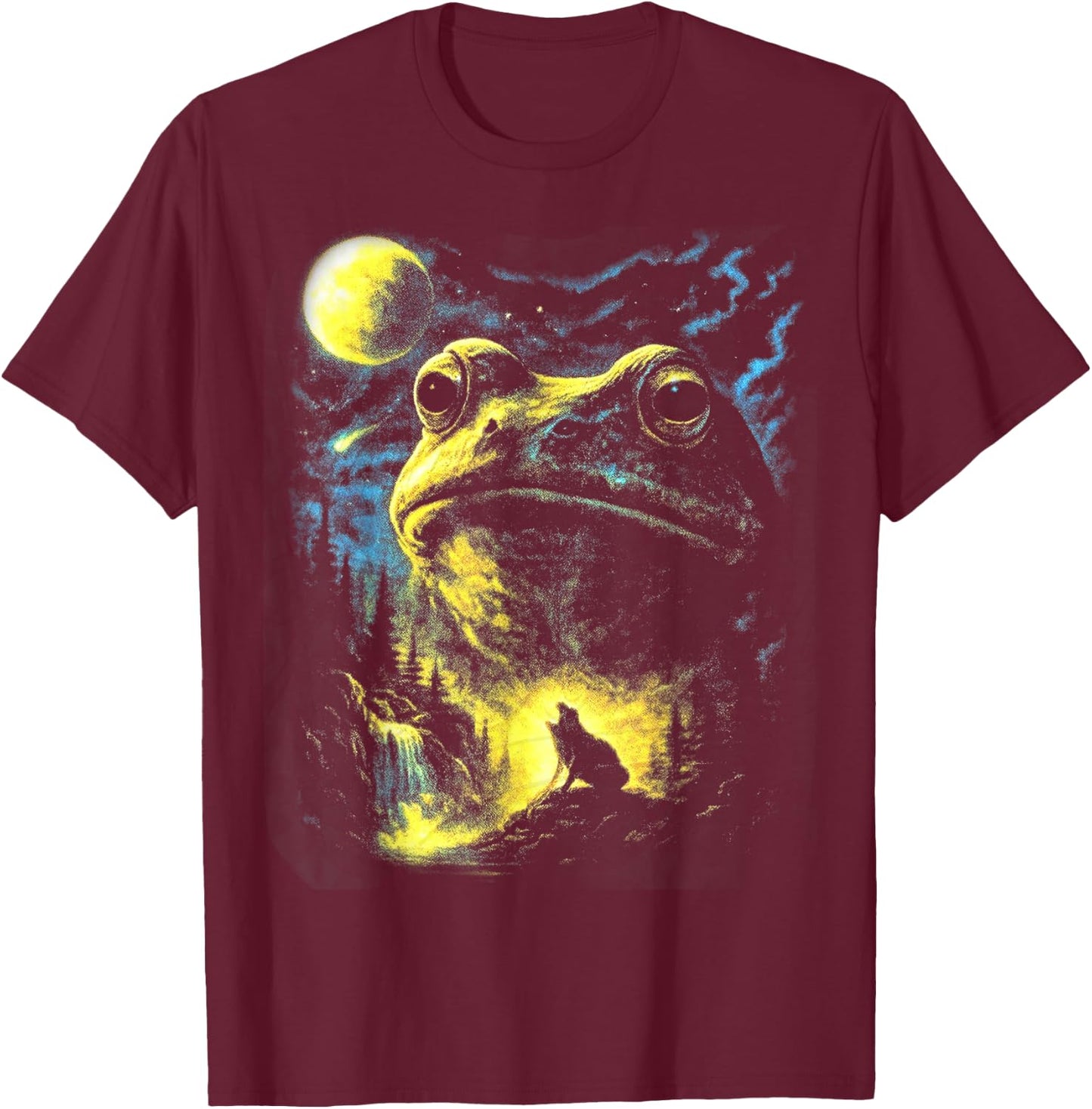 Retro Frog and Wolf Nature Scene, Full Moon Forest Lover T-Shirt - T-Shirt | Maroon