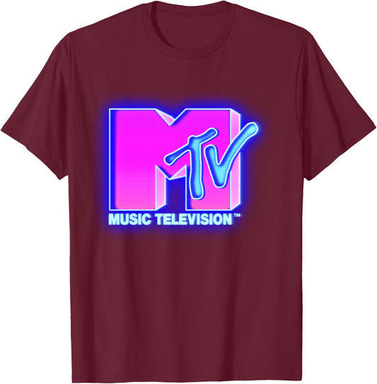 MTV Bright Neon Glow Logo Retro T-Shirt - T-Shirt | Maroon