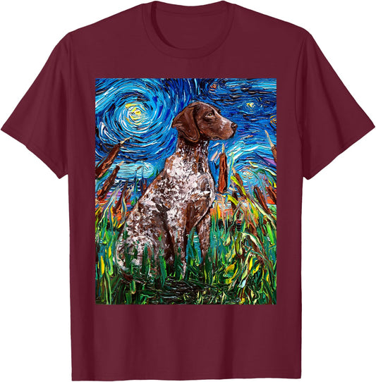 German Short Hair Pointer Starry Night Dog Art by Aja T-Shirt - T-Shirt | Maroon