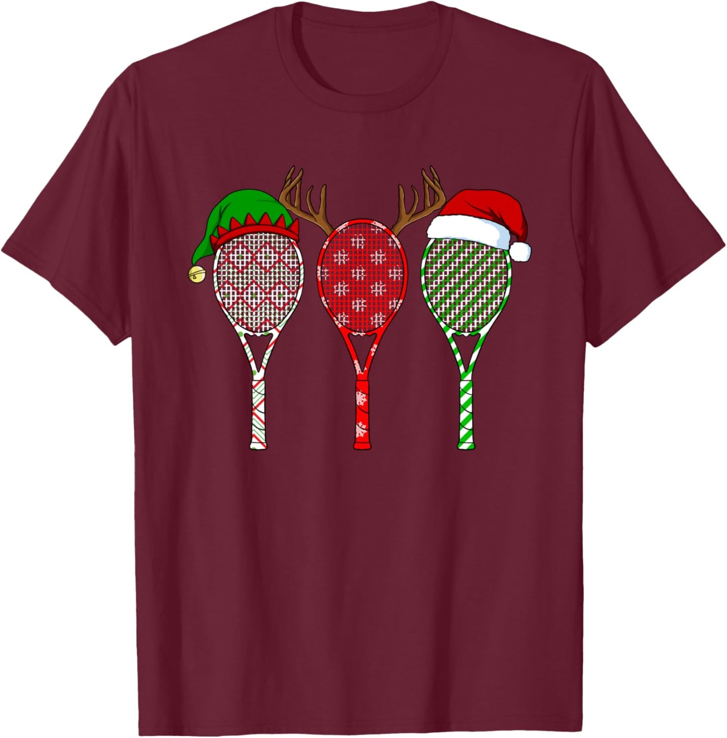 Tennis Racket Christmas Hat Reindeer Anlter Game Sport T-Shirt - T-Shirt | Maroon