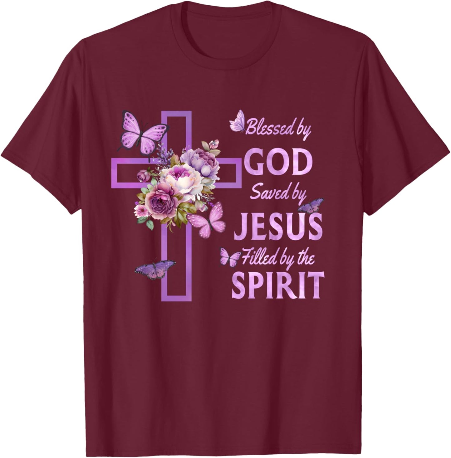 Blessed by God Saved by Jesus Purple Floral Cross Christian T-Shirt - T-Shirt | Maroon