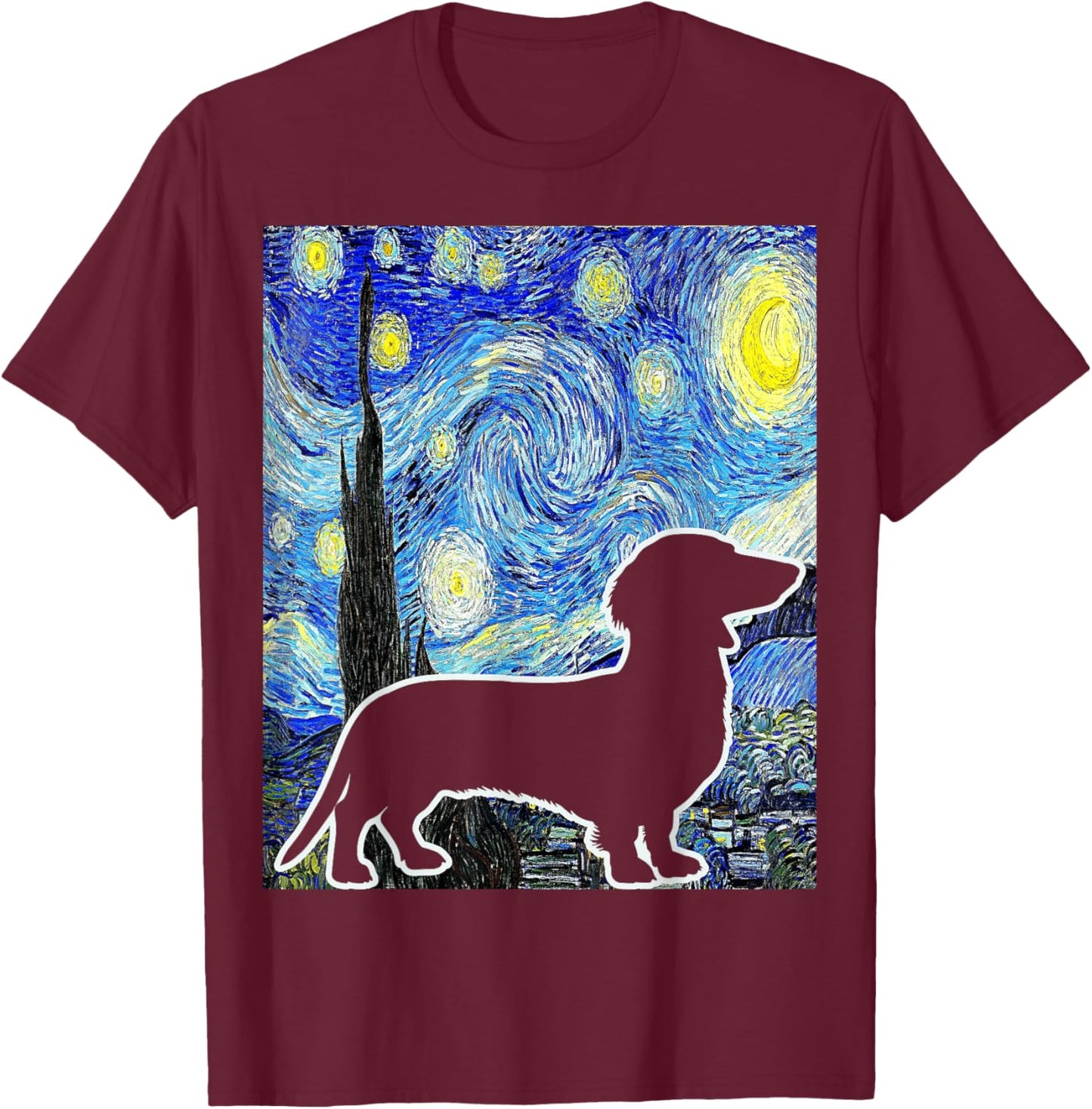 Dachshund Starry Night Dachshund Lover Van Gogh Painting T-Shirt - T-Shirt | Maroon