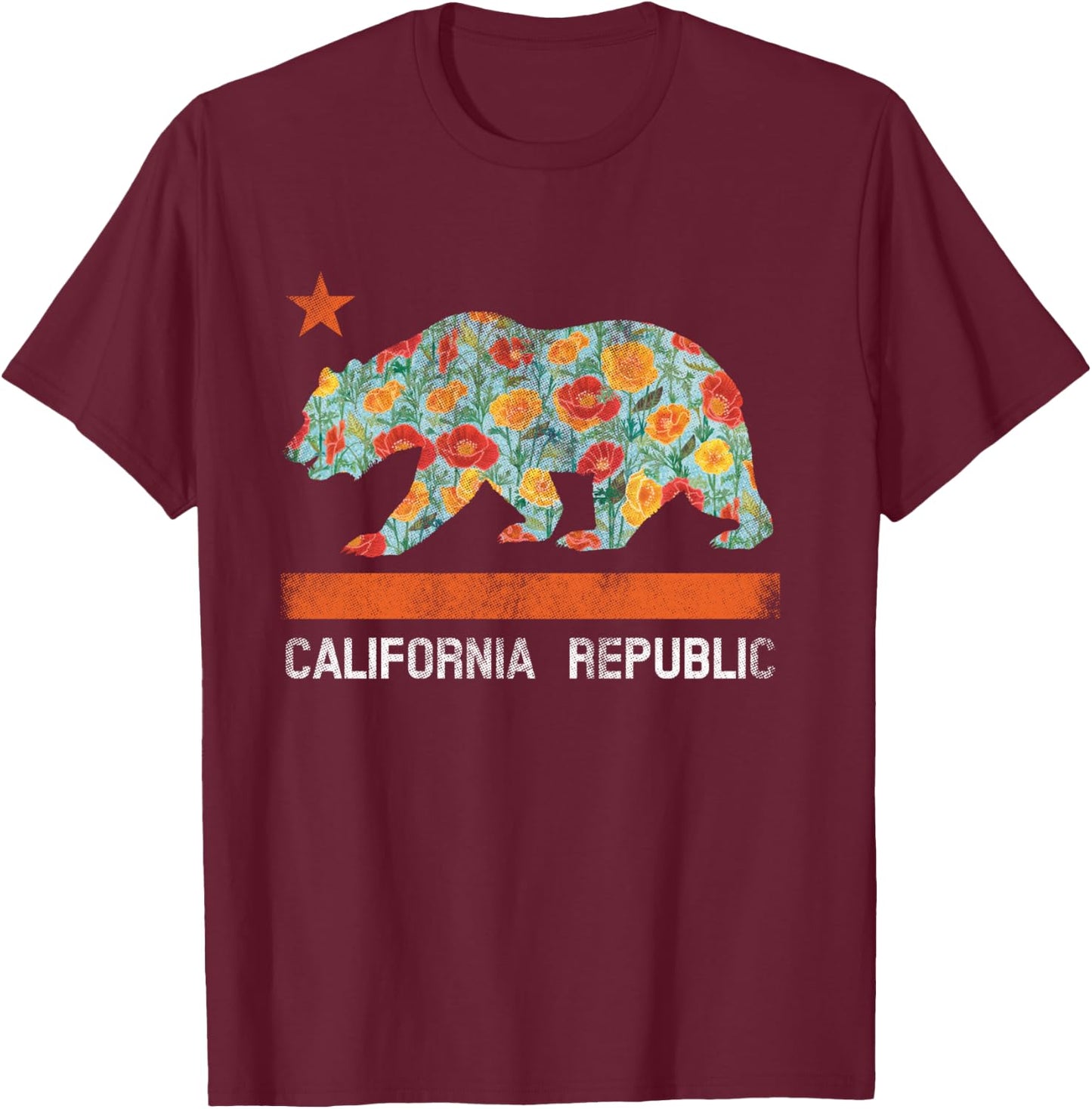 California Republic State Bear Star Poppy Flower LA Cali T-Shirt - T-Shirt | Maroon