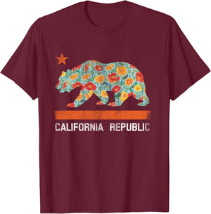 California Republic State Bear Star Poppy Flower LA Cali T-Shirt - T-Shirt | Maroon