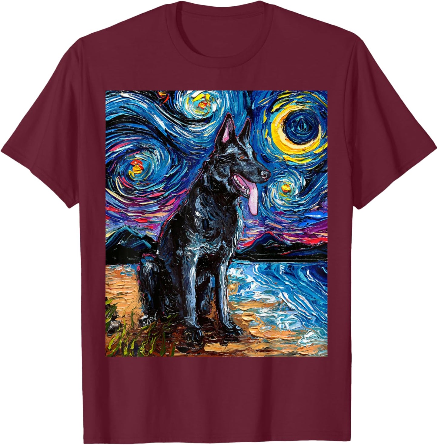 Black German Shepherd Starry Night Dog and Moon GSD Artwork T-Shirt - T-Shirt | Maroon