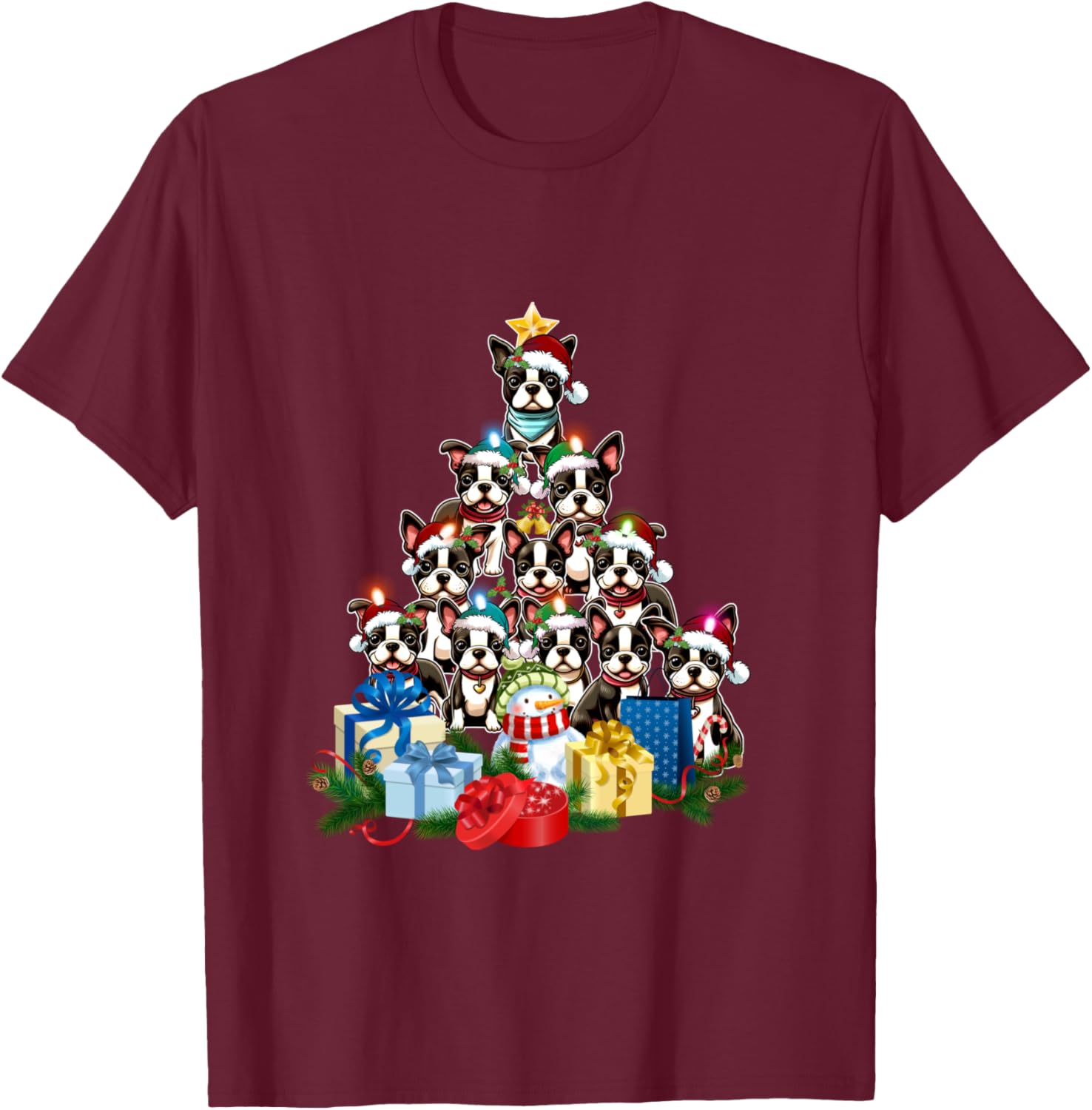 Funny Boston Terrier Christmas Tree Lights Puppy Dog Lover T-Shirt - T-Shirt | Maroon