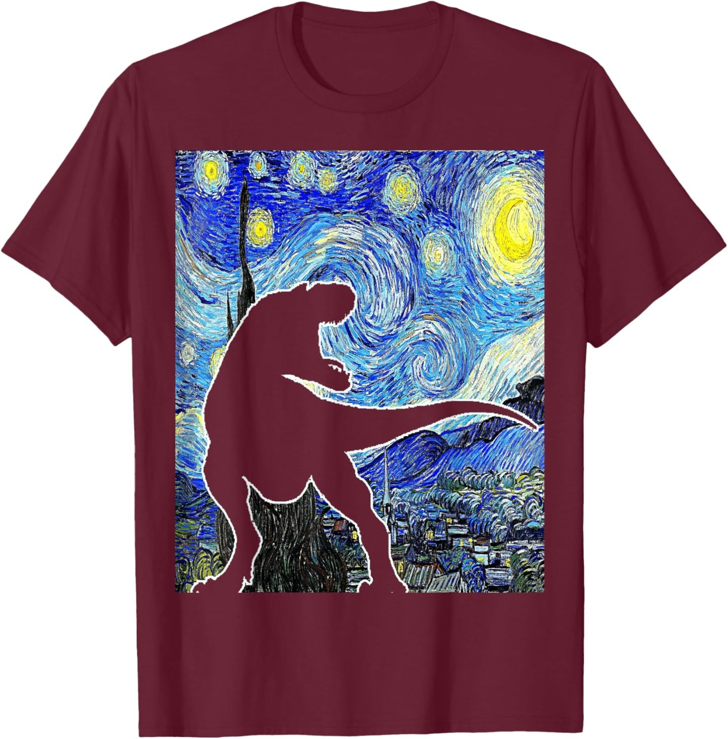 Dinosaur Starry Night T Rex Van Gogh Funny Paleontologist T-Shirt - T-Shirt | Maroon