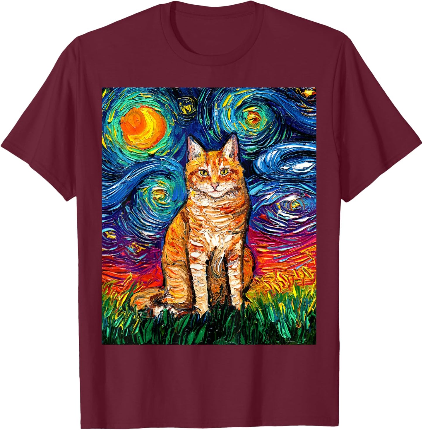 Orange Tabby Tiger Cat Starry Night Colorful Kitty Artwork T-Shirt - T-Shirt | Maroon