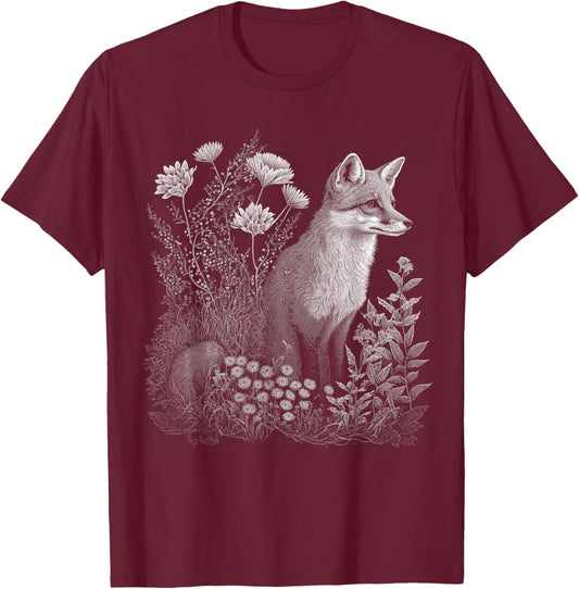 Cute Cottagecore Floral Fox Aesthetic Girls Women Graphic T-Shirt - T-Shirt | Maroon