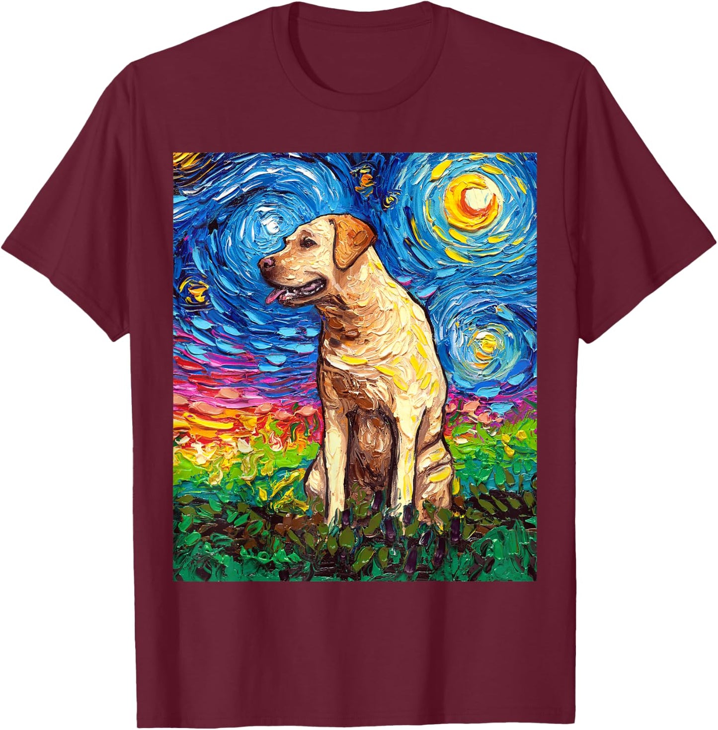 Yellow Labrador Profile Starry Night Blonde Lab Dog Artwork T-Shirt - T-Shirt | Maroon