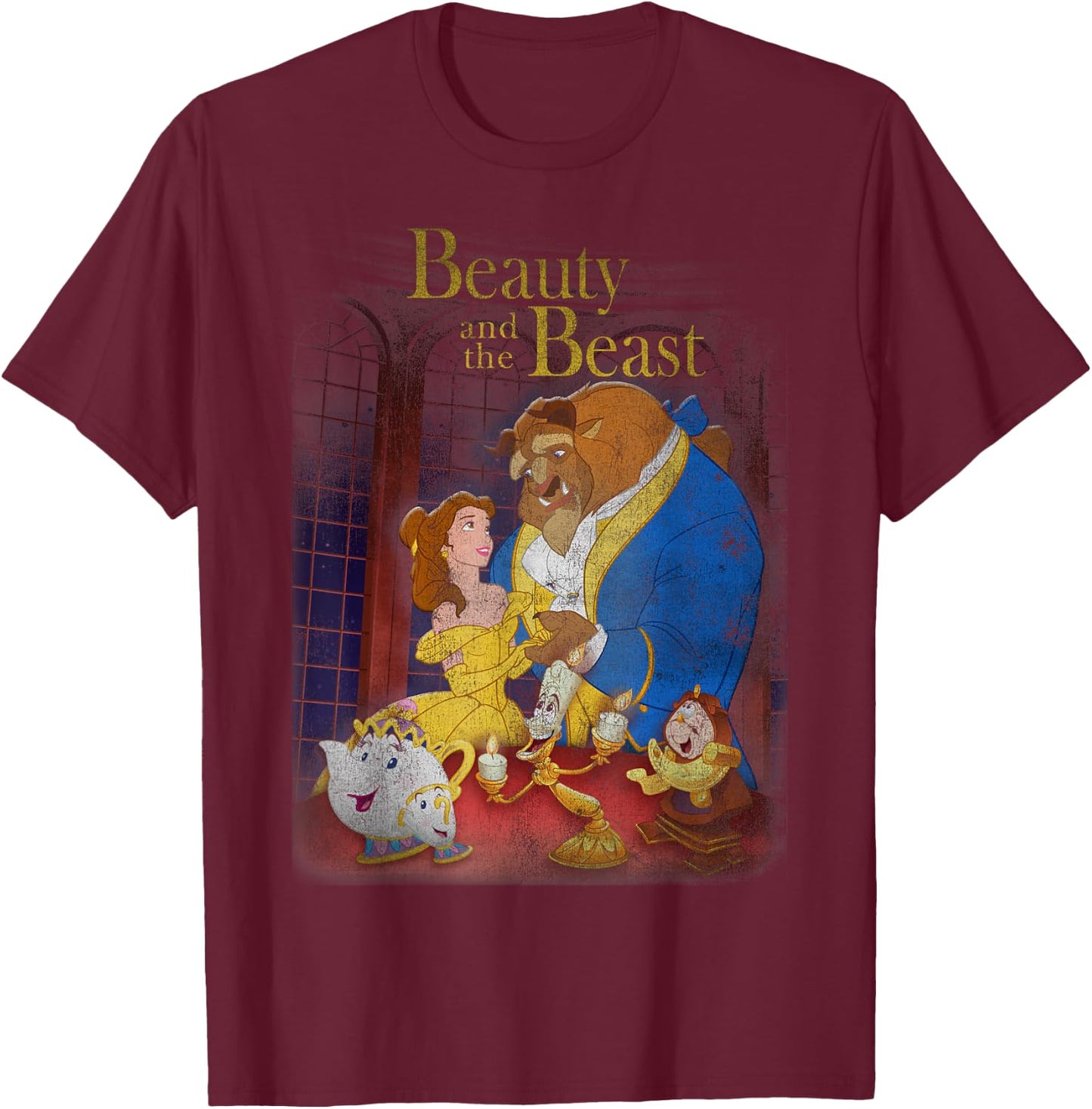 Disney Beauty and The Beast Distressed Vintage Group Shot T-Shirt - T-Shirt | Maroon