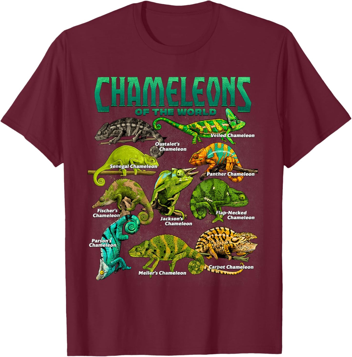 Chameleons of The World Educational Reptile Lizard Lover T-Shirt - T-Shirt | Maroon