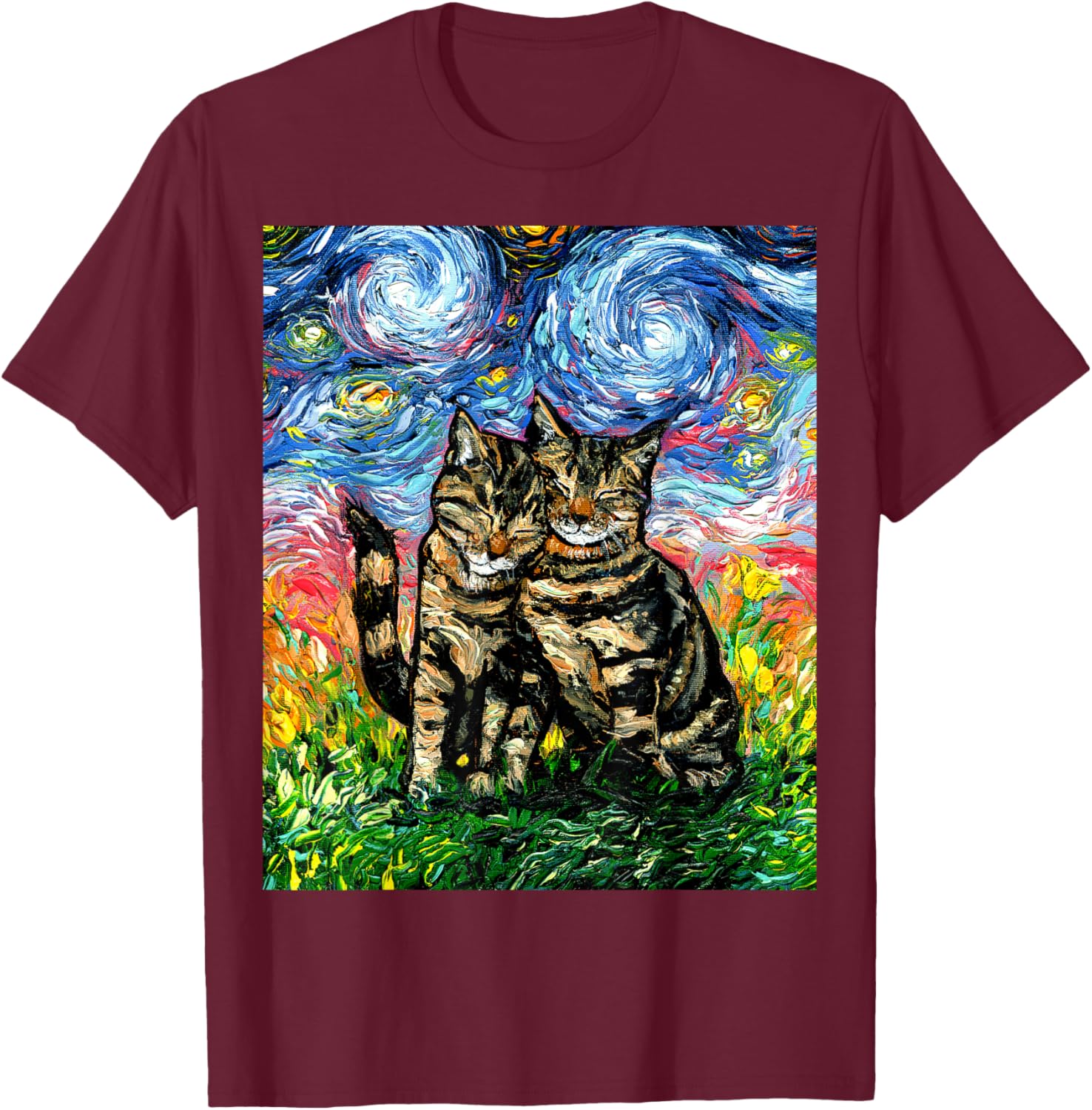 Tabby Cats Snuggling Cute Starry Night Kitten Artwork T-Shirt - T-Shirt | Maroon