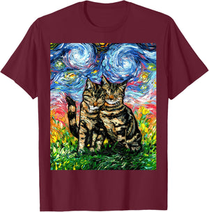 Tabby Cats Snuggling Cute Starry Night Kitten Artwork T-Shirt - T-Shirt | Maroon
