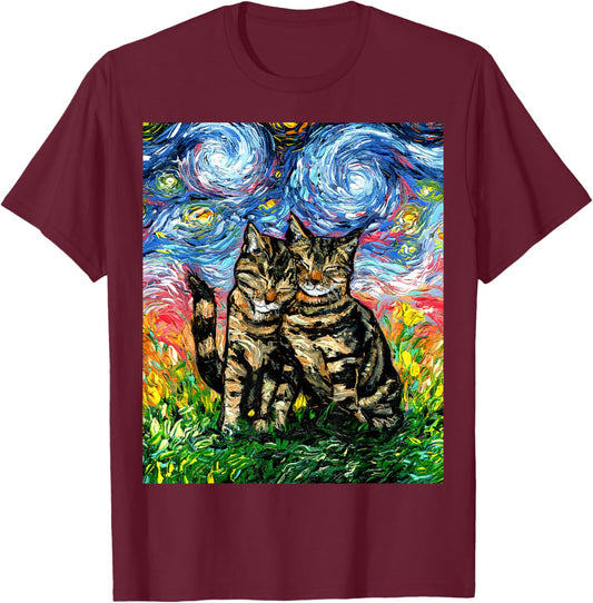 Tabby Cats Snuggling Cute Starry Night Kitten Artwork T-Shirt - T-Shirt | Maroon