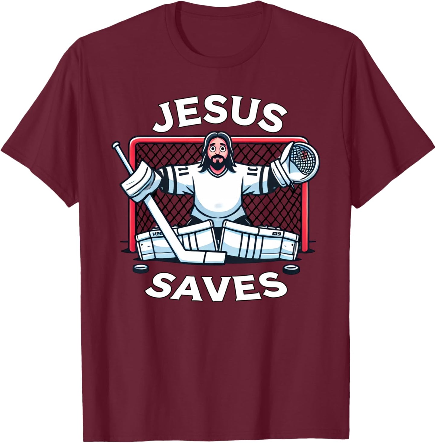 Funny Hockey Jesus Saves Goalie Sports Humor T-Shirt - T-Shirt | Maroon