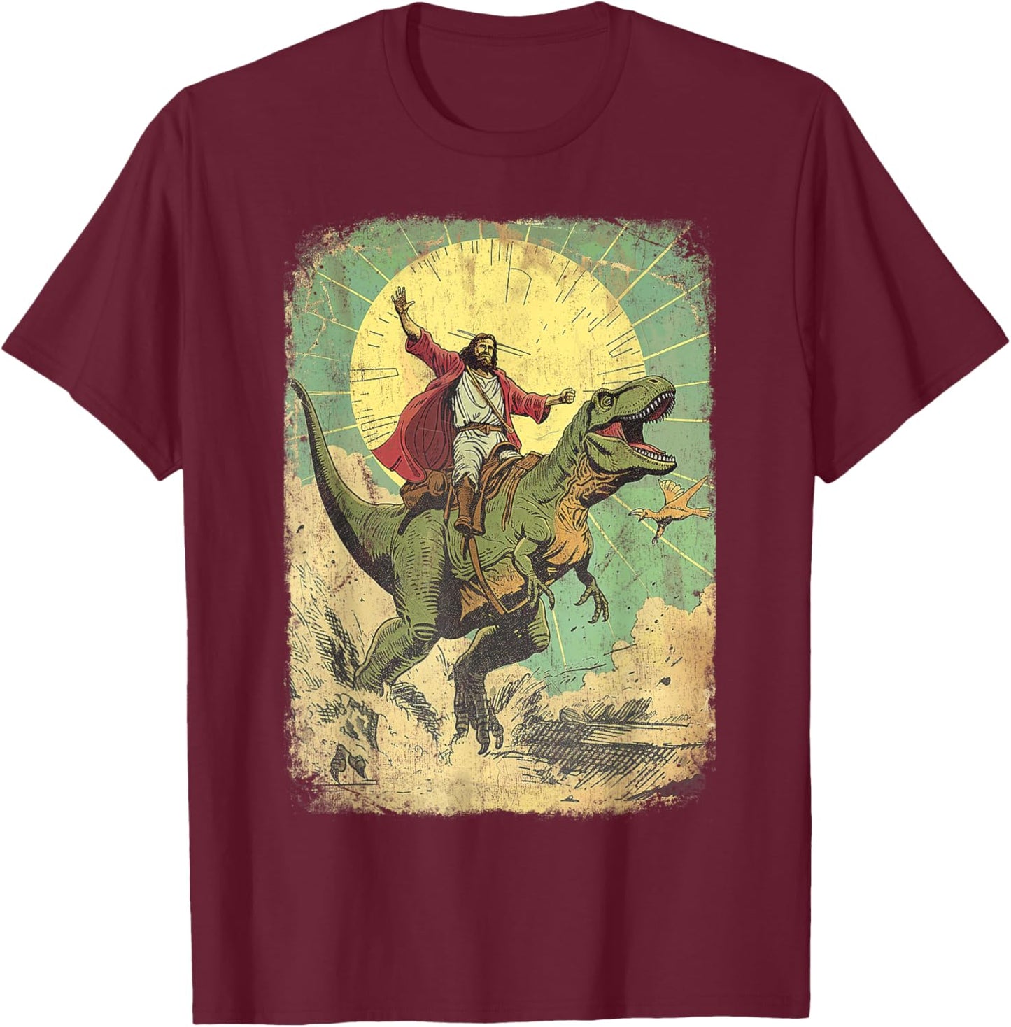 Jesus riding dinosaur Funny Christian retro dino raptor T-Shirt - T-Shirt | Maroon