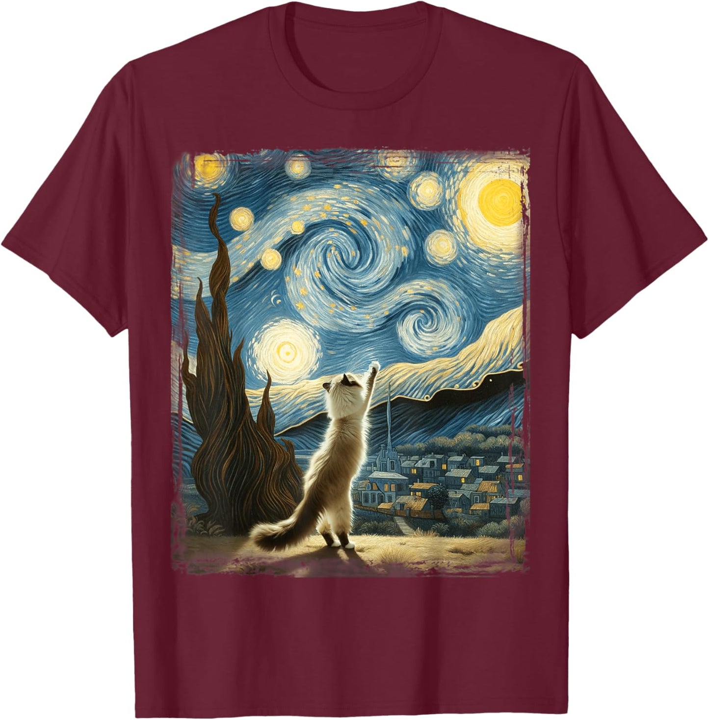 Van Gogh Starry Night Reaching Moon Artistic Pet Ragdoll Cat T-Shirt - T-Shirt | Maroon