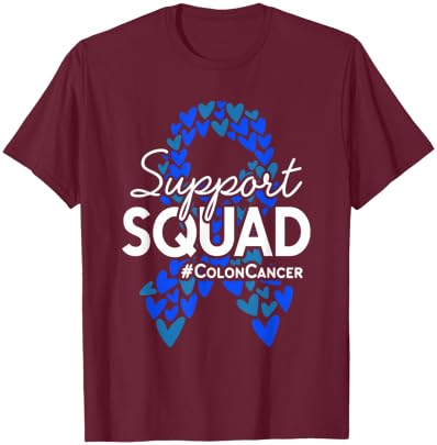 Colon Cancer Awareness Support Squad Blue Hearts Ribbon T-Shirt - T-Shirt | Maroon