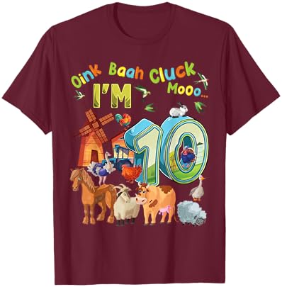 Barnyard 10th Birthday Farm Animals 10 Years Old Farming T-Shirt - T-Shirt | Maroon