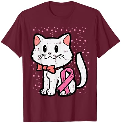 Pink Ribbon Cat Breast Cancer Awareness Women Girls Kids T-Shirt - T-Shirt | Maroon
