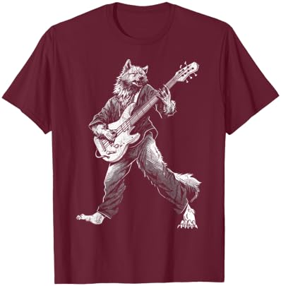 Rocking Wolf with Guitar Rock and Roll Vintage ROCK Music T-Shirt - T-Shirt | Maroon