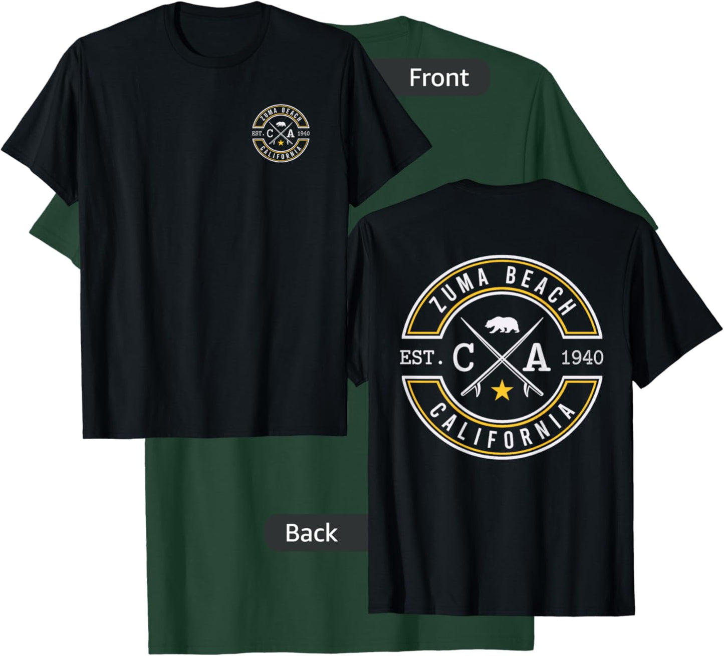 Zuma Beach Beach California CA Retro Surfer Front & Back T-Shirt - T-Shirt | Forest