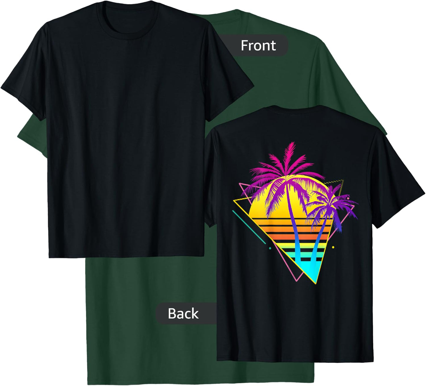 On Back - Retro 80s 90s Vaporwave Tropical Sunset Palm Trees T-Shirt - T-Shirt | Forest