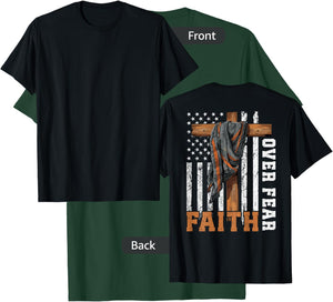 Bible Verse Faith Over Fear USA Flag Christian Cross On Back Girls Kids Men T-Shirt - T-Shirt | Forest