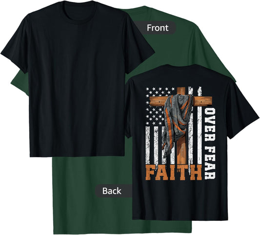Bible Verse Faith Over Fear USA Flag Christian Cross On Back Girls Kids Men T-Shirt - T-Shirt | Forest
