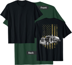 On Back- Big Rig Semi Trailer Truck Driver USA American Flag T-Shirt - T-Shirt | Forest