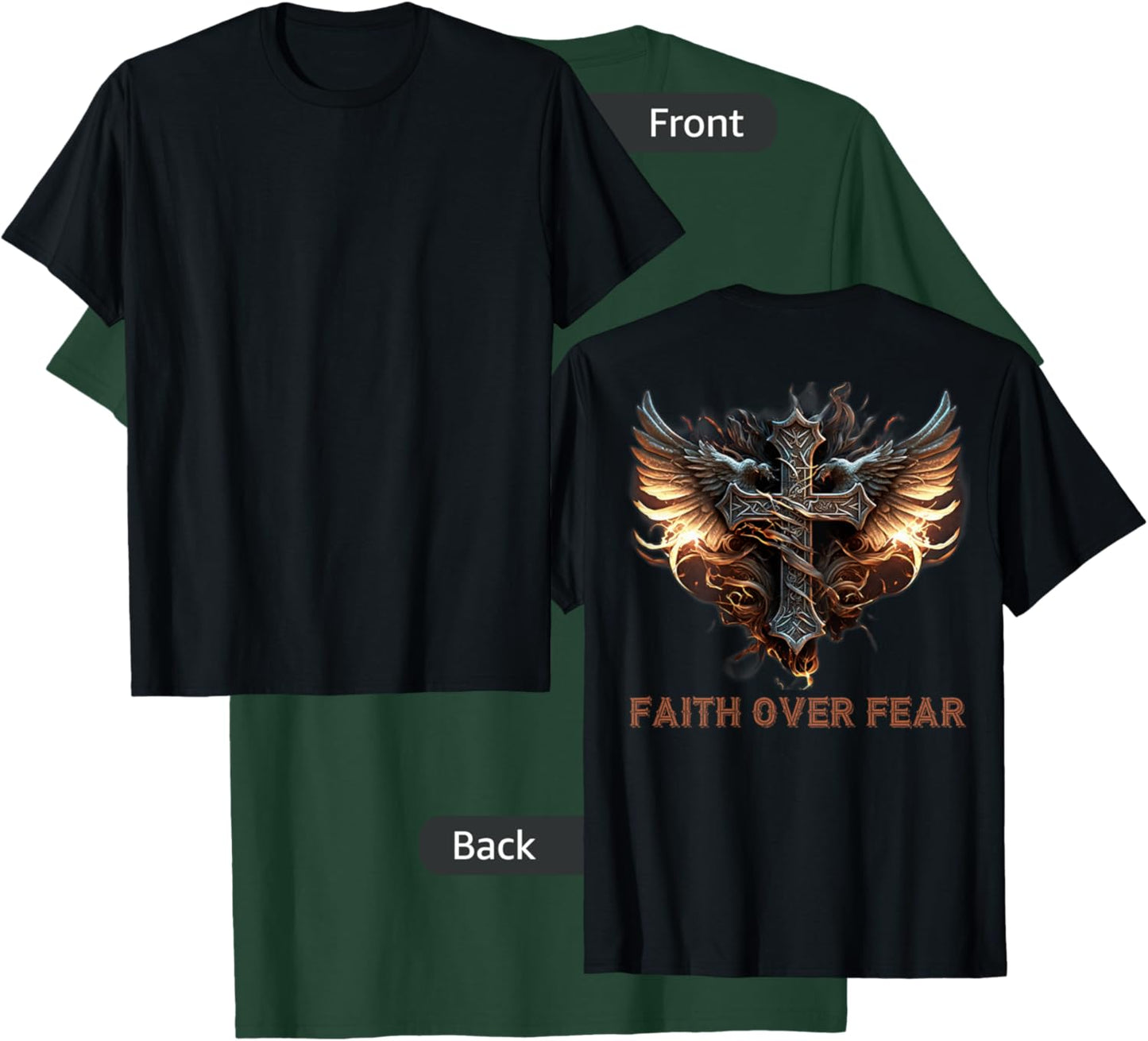 Angel Wings Christian Cross Faith Over Fear - On Back T-Shirt - T-Shirt | Forest