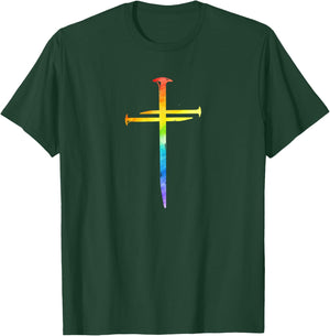 Christian Jesus Nail Cross Rainbow Bible Religious Gay Pride T-Shirt - T-Shirt | Forest