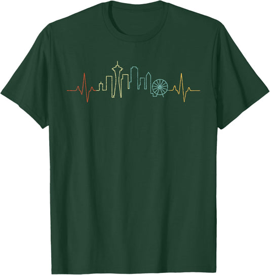 Heartbeat Seattle Skyline Seattle Souvenir Seattle Retro T-Shirt - T-Shirt | Forest