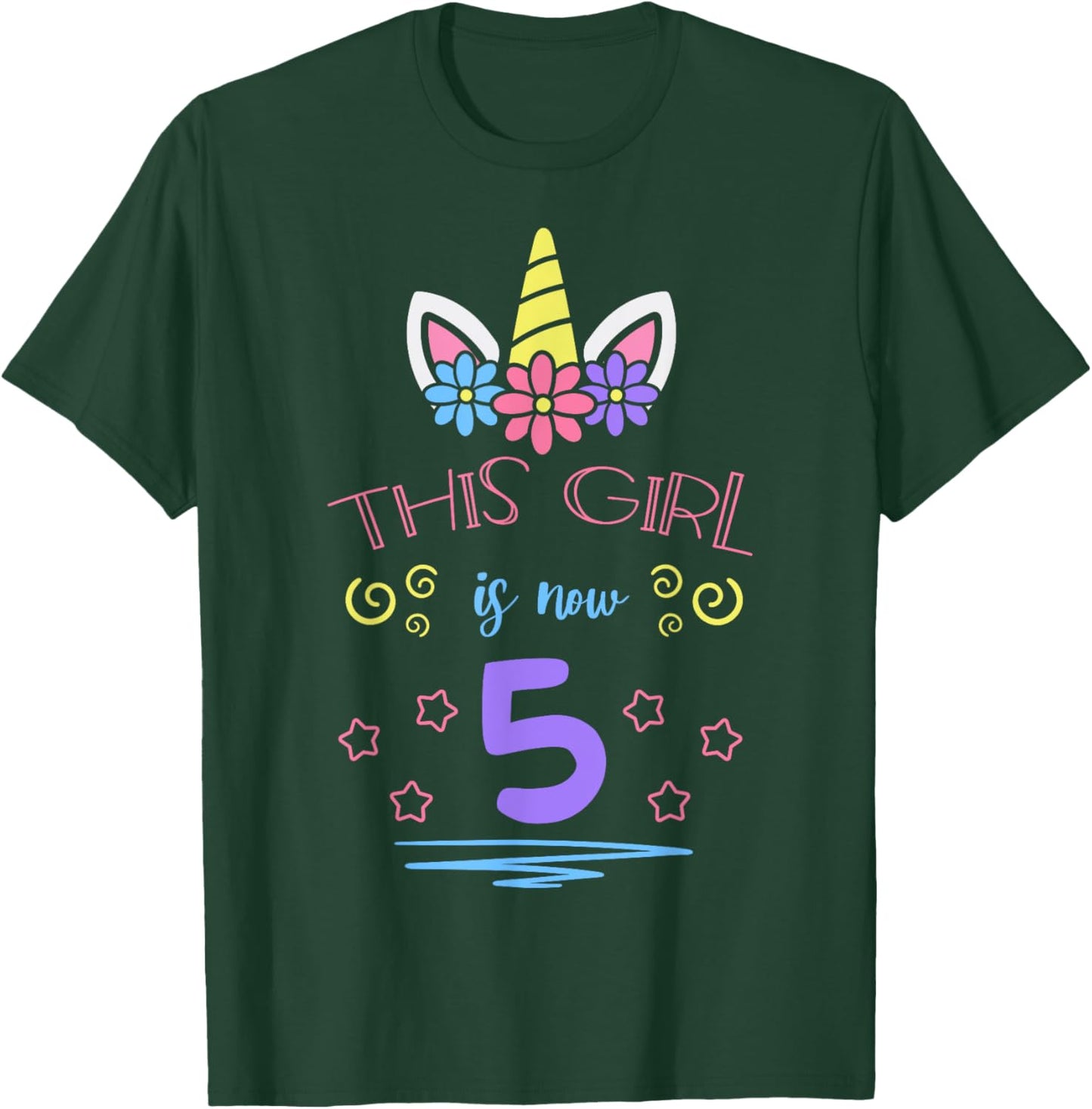 This Girl Is Now 5 Birthday Unicorn Floral Horn Theme Party T-Shirt - T-Shirt | Forest