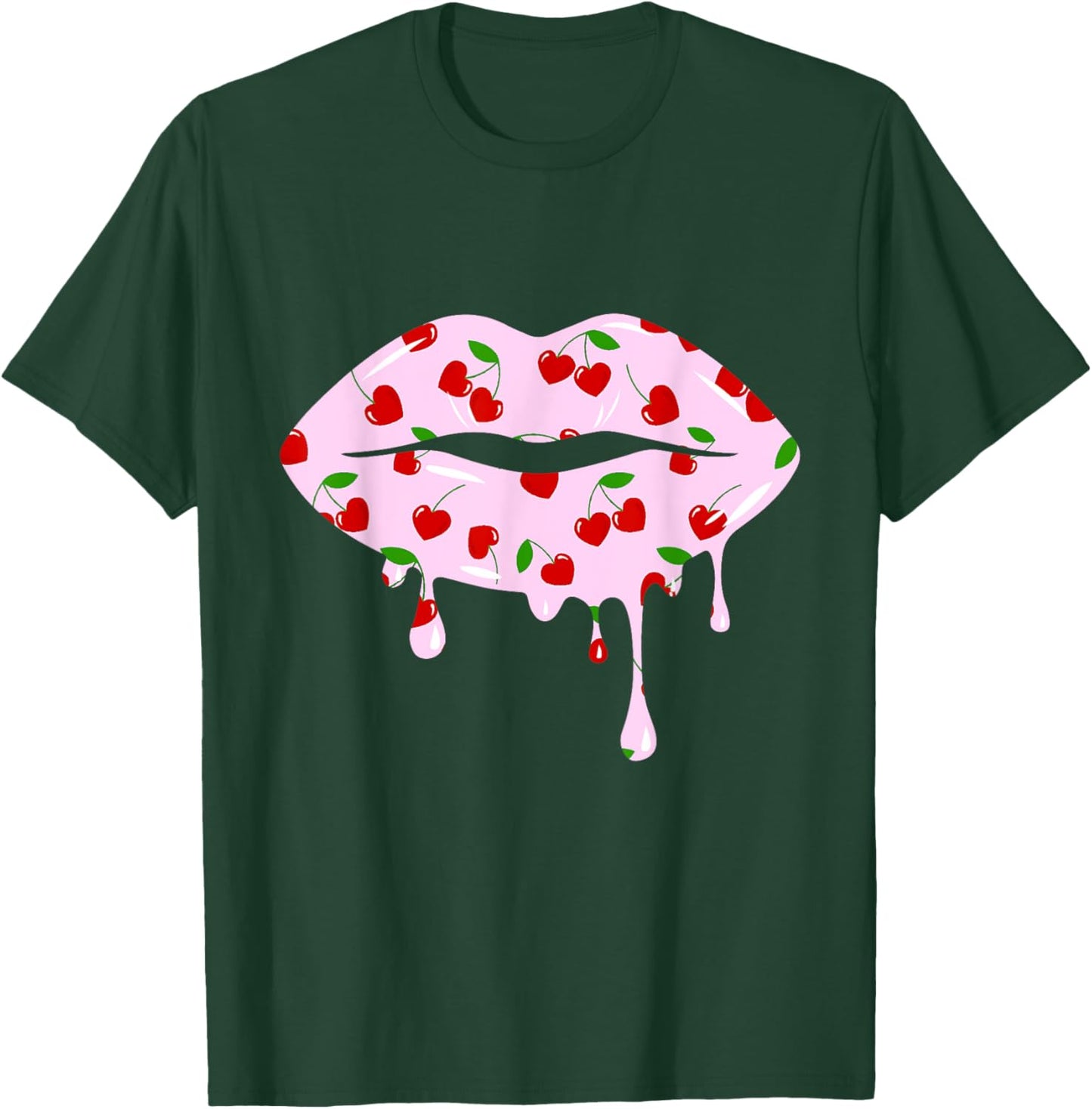 Cute Cherry Hearts Pink Dripping Lips Valentines Day T-Shirt - T-Shirt | Forest