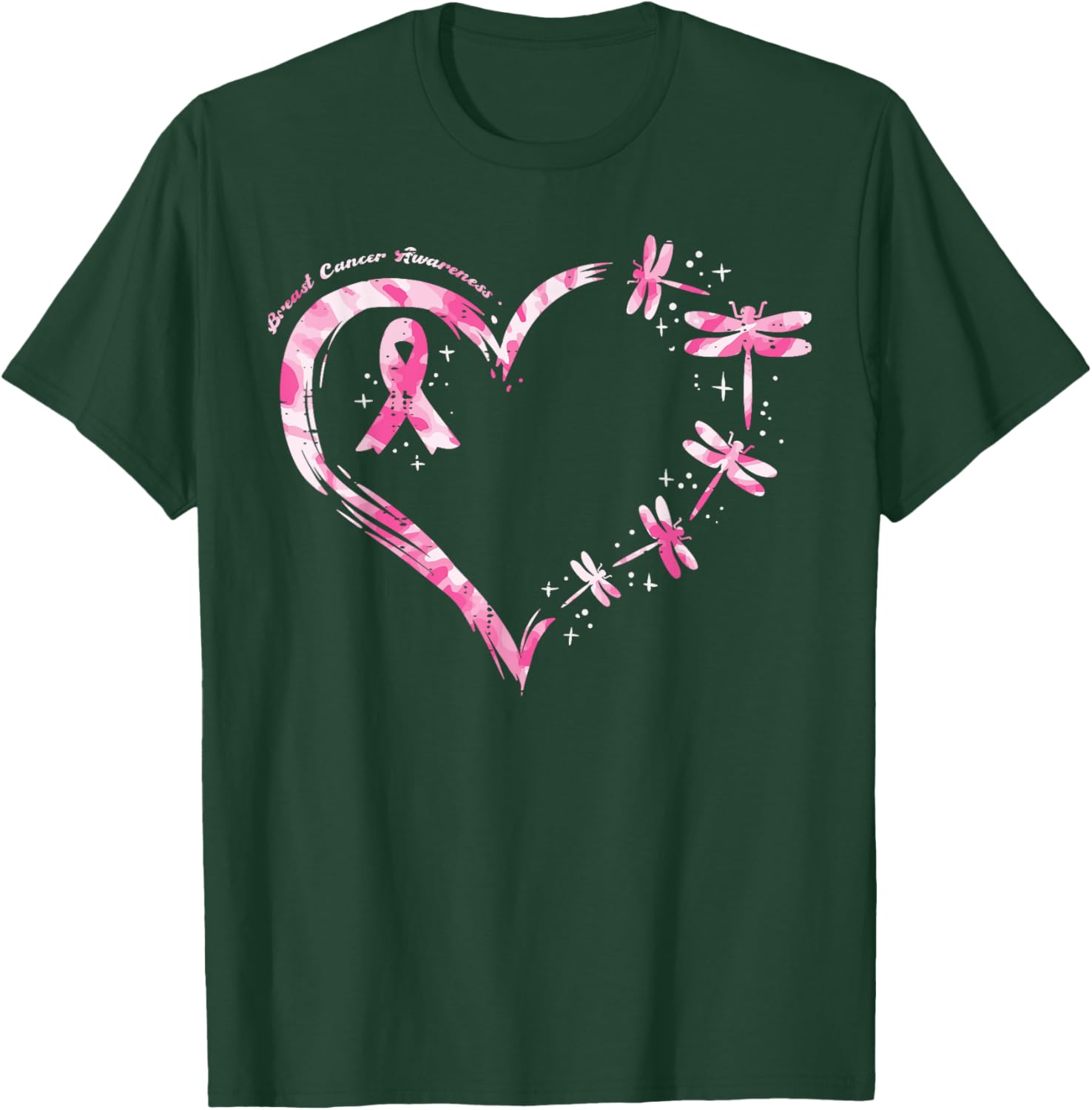 Breast Cancer Heart Dragonflies Awareness Women Kids Men T-Shirt - T-Shirt | Forest