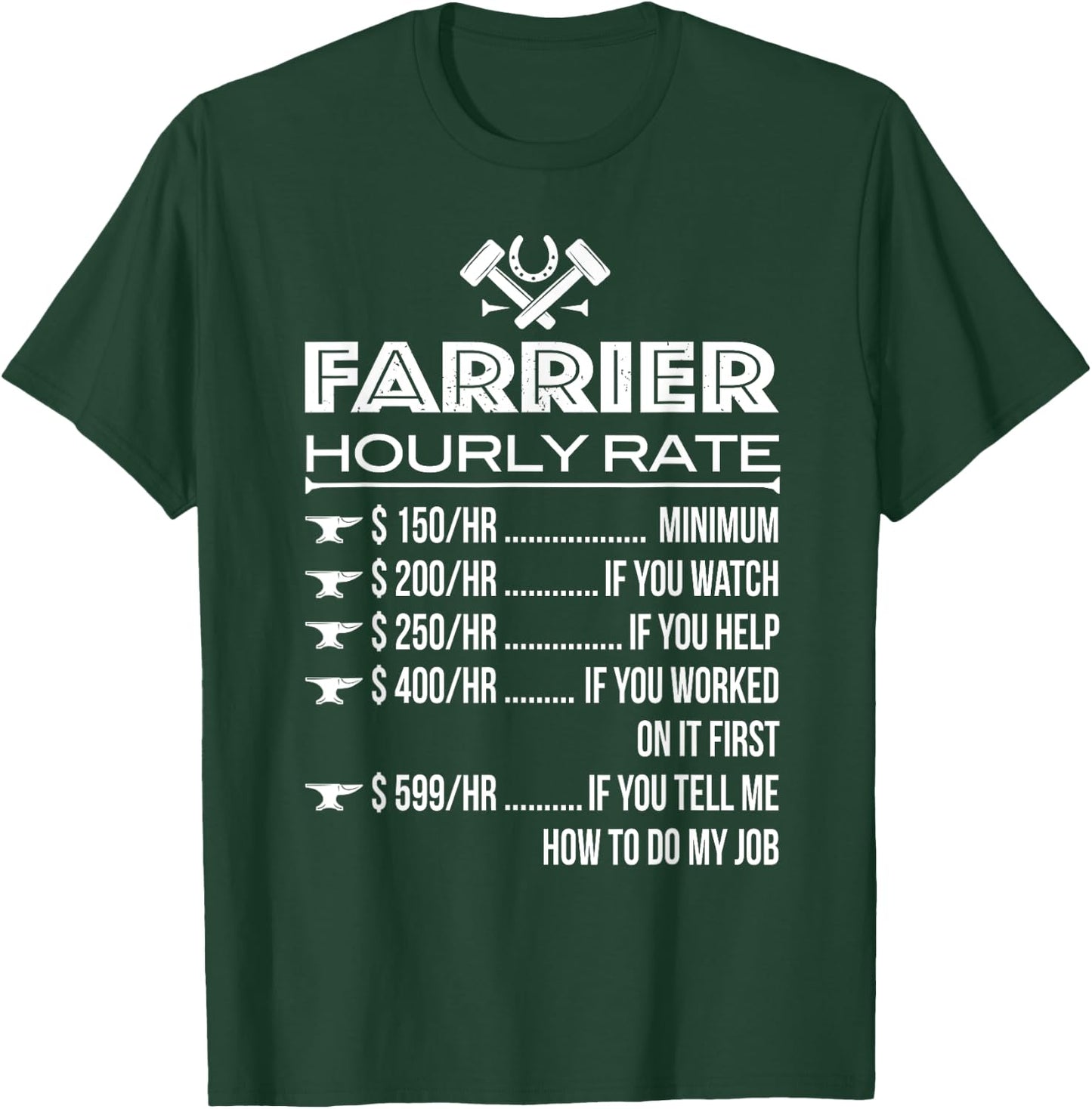 Horse Foot Care Specialist Job Title Wage Chart Funny Farrier Rates Labor Horseshoer Equine Hoof Worker Gift T-Shirt - T-Shirt | Forest