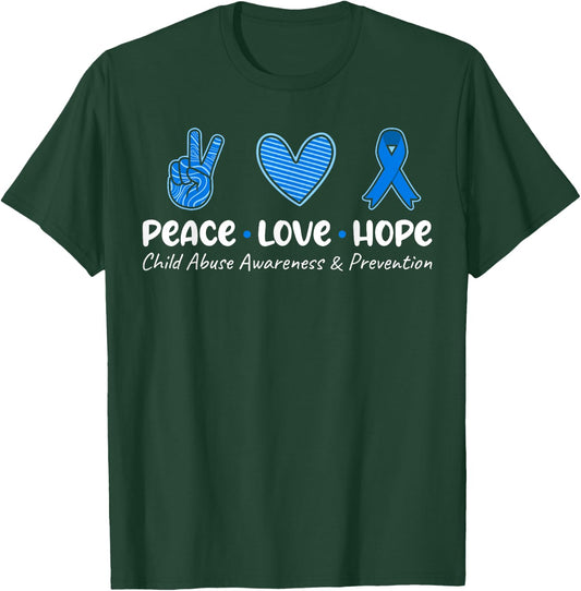 Peace Love Hope T Shirt Child Abuse Awareness Blue Ribbon T-Shirt - T-Shirt | Forest