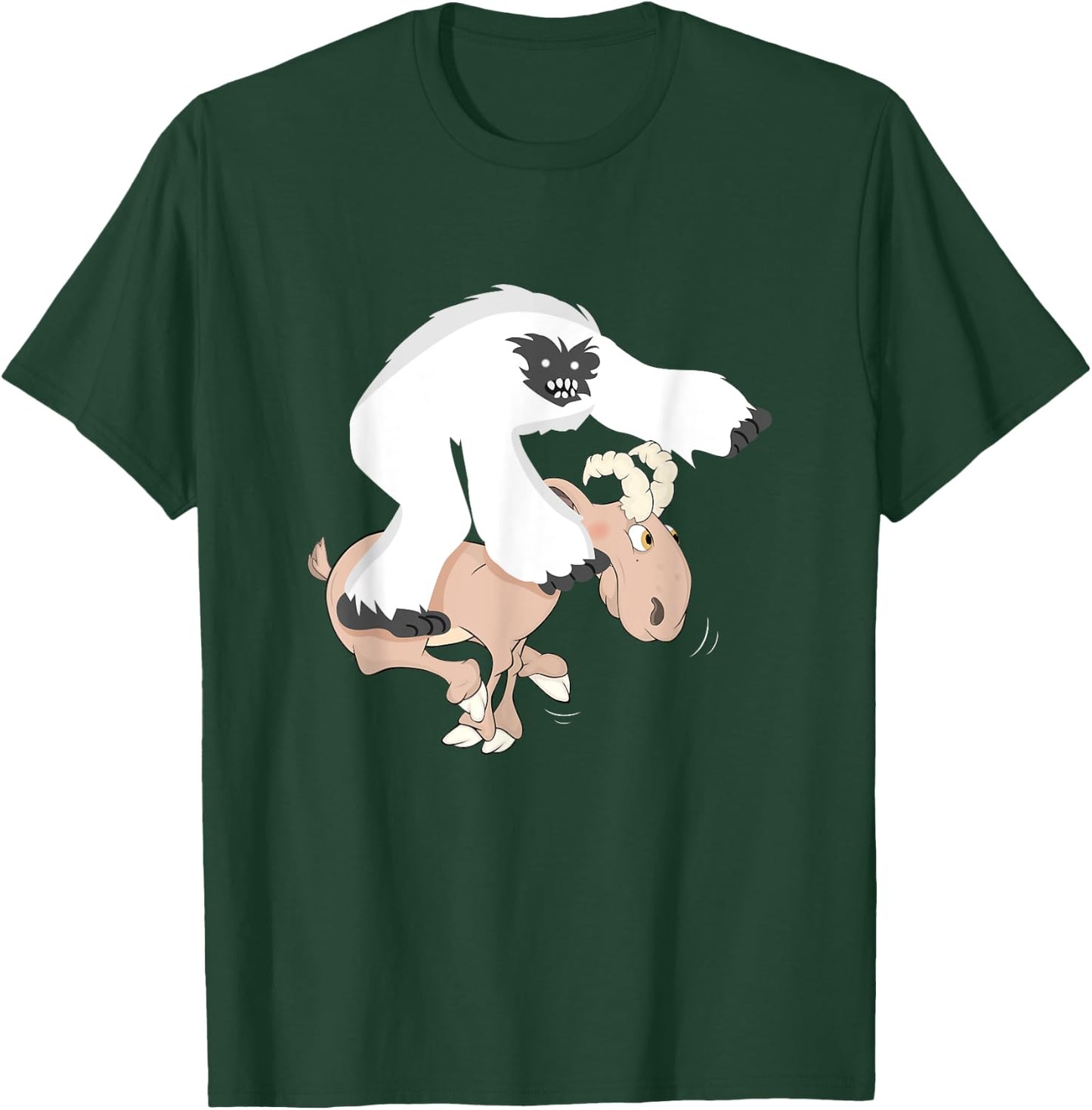 Funny Baby Yeti Riding Goat Cartoon Bigfoot Play Junior Goat T-Shirt - T-Shirt | Forest