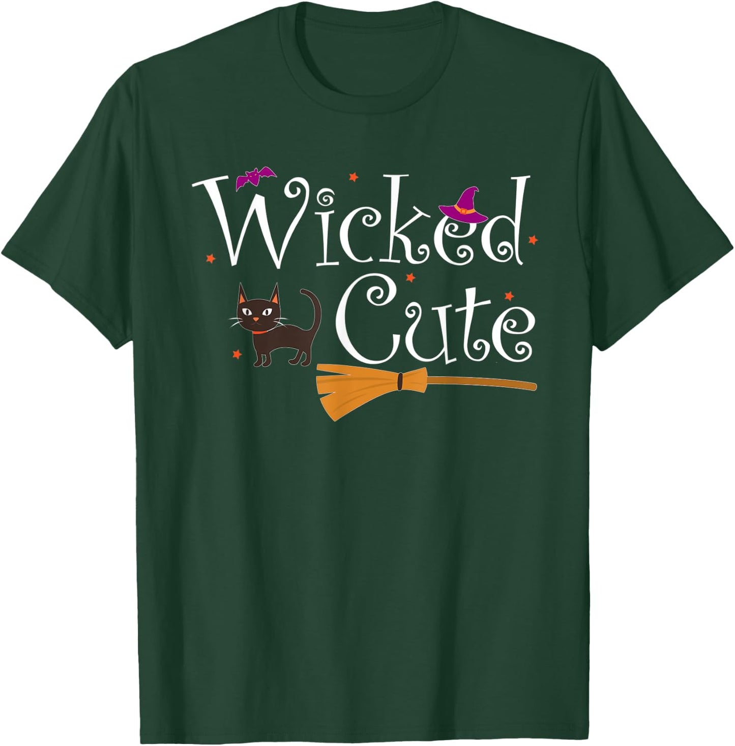 Wicked Cute Witch Halloween Costume Cat Broom Hat Gift Women Kids T-Shirt - T-Shirt | Forest