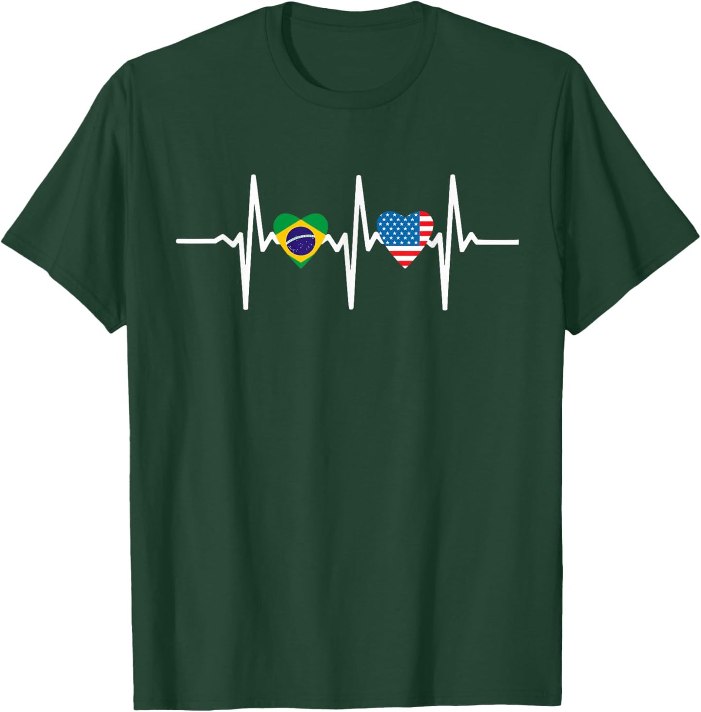 Half American Brazilian America Brazil Flag Heartbeat Heart T-Shirt - T-Shirt | Forest