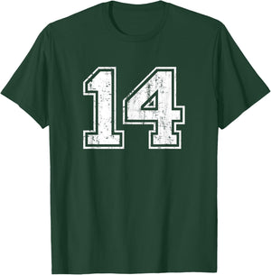Number 14 Fourteen Distressed Vintage Sports Team Training T-Shirt - T-Shirt | Forest