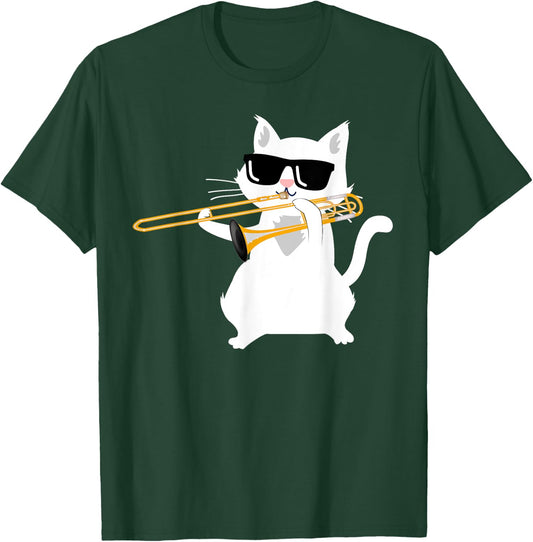Cat Playing Trombone Women Girls Kids T-Shirt - T-Shirt | Forest