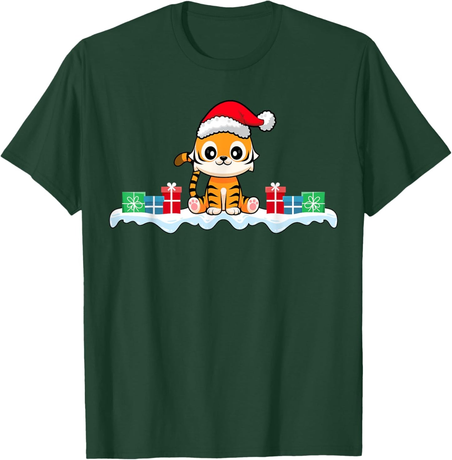 Kawaii Tiger Wearing Santa Hat Xmas Tiger Lover Christmas T-Shirt - T-Shirt | Forest